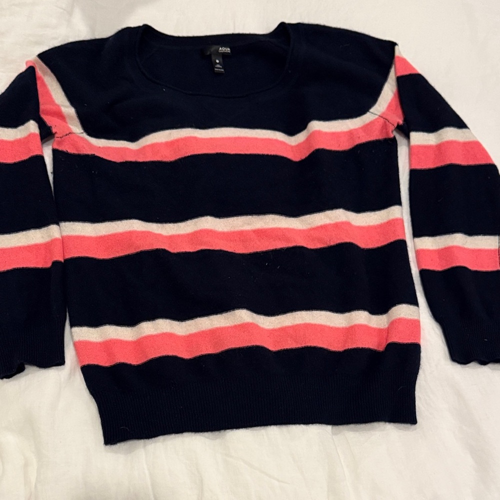 Aqua Cashmere Striped Sweater in Navy and Pink